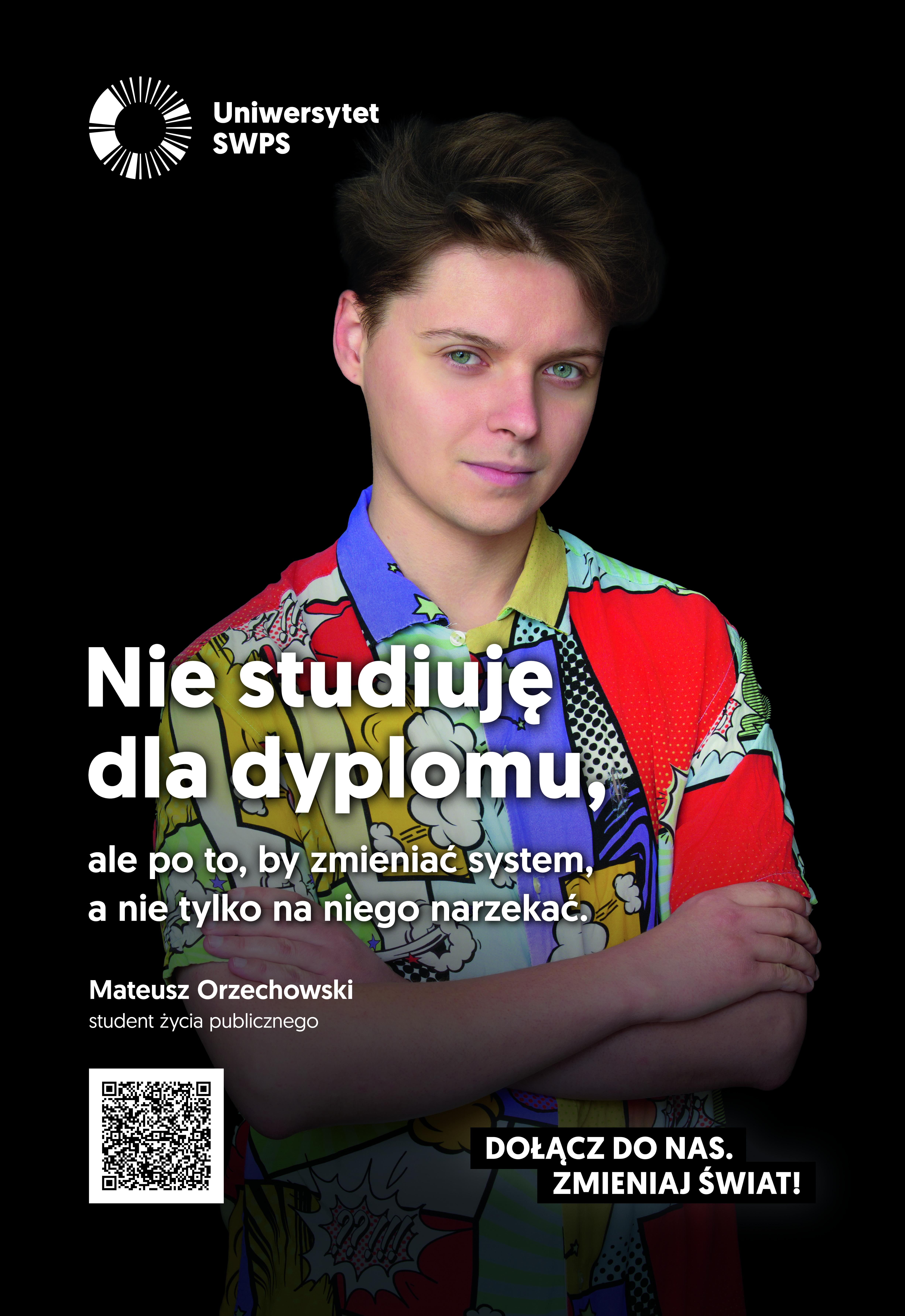 Reklama z Mateuszem Orzechowskim, studentem życia publicznego na Uniwersytecie SWPS