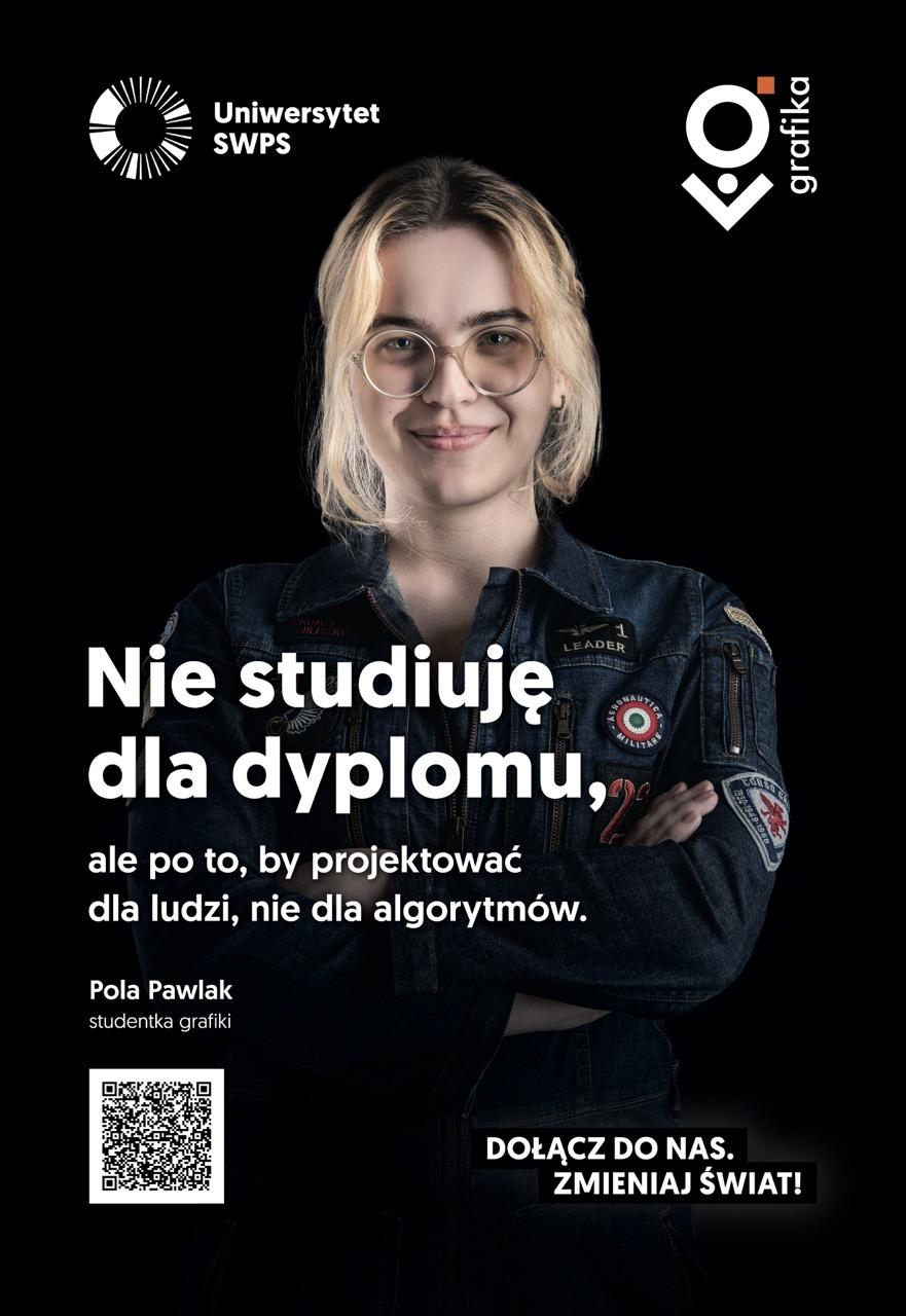 Reklama z Polą Pawlak, studentką grafiki na Uniwersytecie SWPS