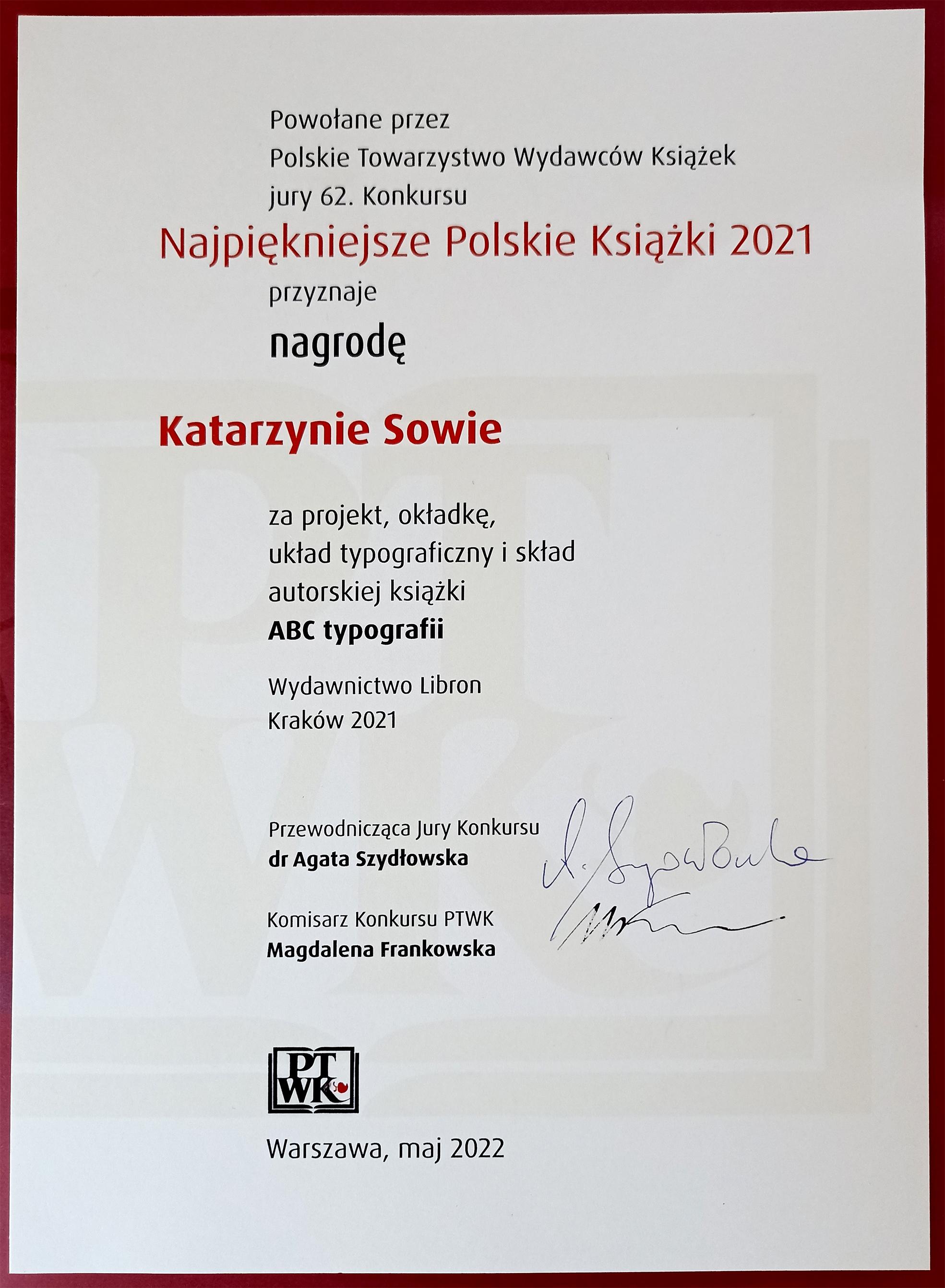 Dyplom PTWK dla Katarzyny Sowy