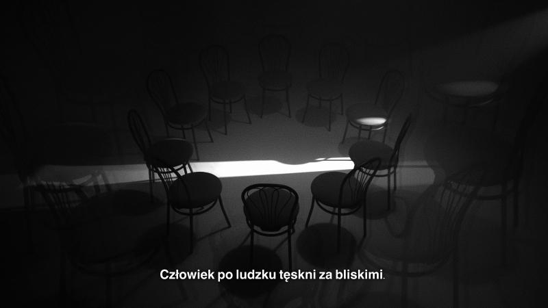Kadr z filmu Mileny Kowalczyk; na ekranie puste krzesła ustawione w okręgu i fragment napisu: "Człowiek po ludzku tęskni za bliskimi