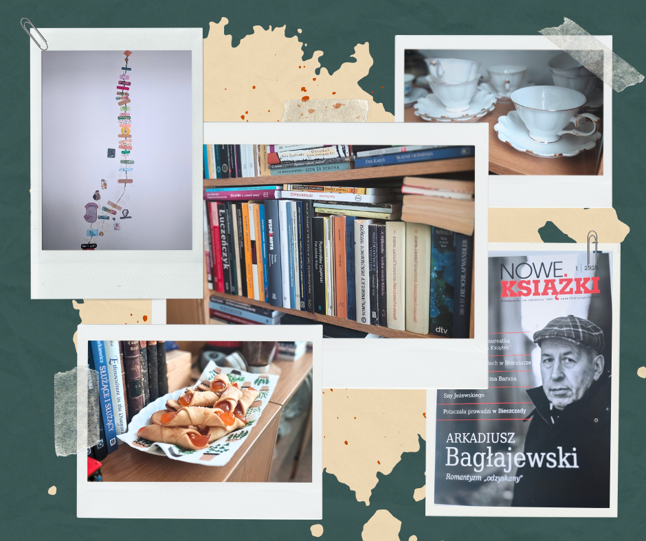 Pięć fotografii: szczelina w ścianie zaklejona kolorowymi plastrami, ciastka, książki na półce, pismo „Nowe Książki” z profesorem Bagłajewskim na okładce