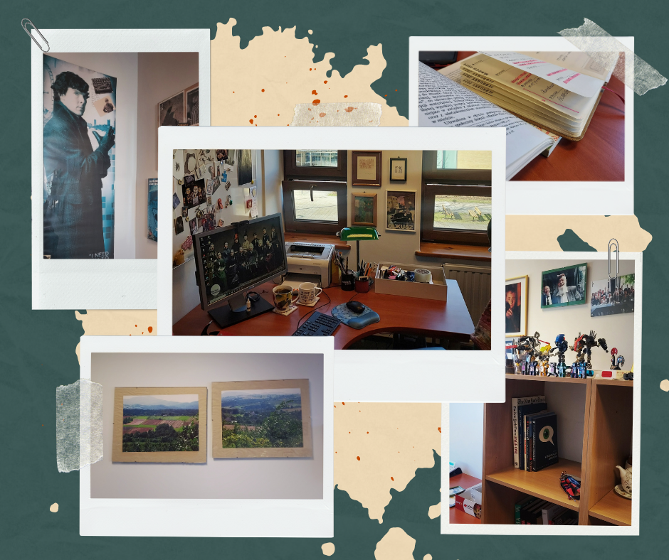 Kolaż zdjęć z gabinetu. Plakat z Sherlockiem Holmesem, książki i notatki, pejzaże na ścianie oraz półka z książkami i figurkami