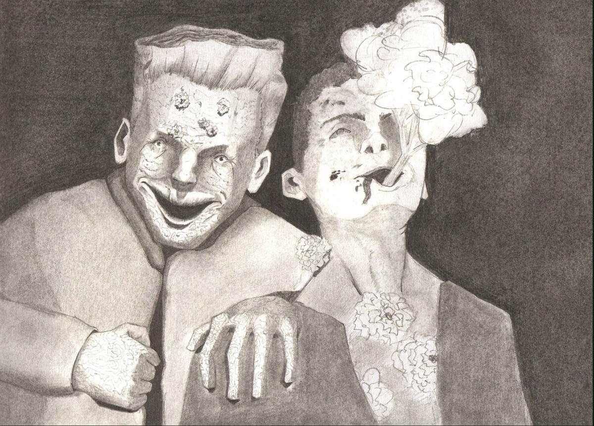 Rysunek przedstawiający dwie postacie, postać z tyłu złowiszczo się uśmiecha i trzyma rękę na ramieniu drugiej postaci, która wygląda na bardzo wyniszczoną i wypuszcza z ust dym.