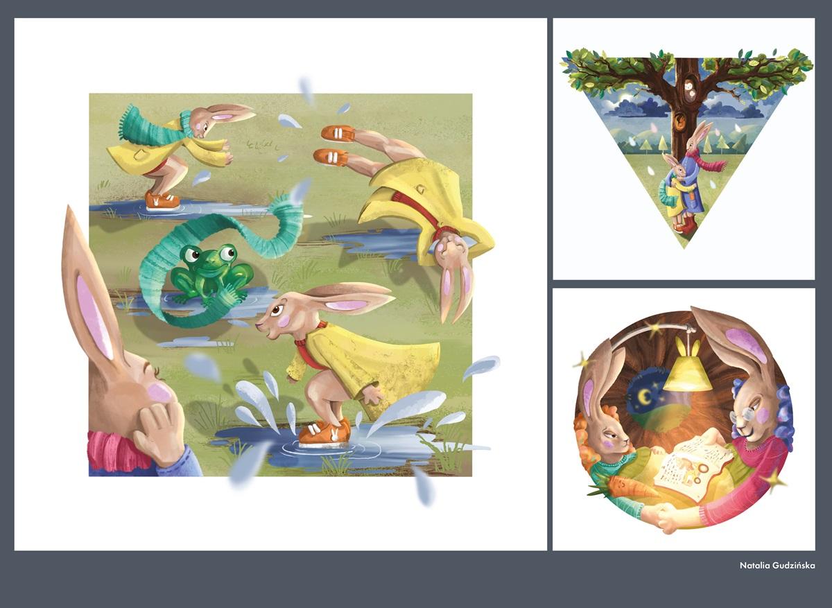 Krótki komiks dla dzieci, przedstawiająca przygody rodziny zająców. Grafika w każdym okienku ma inny kształt: kwadratu, okręgu i trójkąta.