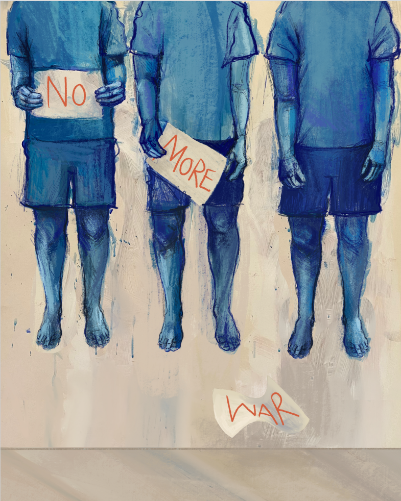 Trzy niebieskie ludzkie sylwetki z głowami poza kadrem, trzymające tabliczki tworzące napis „NO MORE WAR”