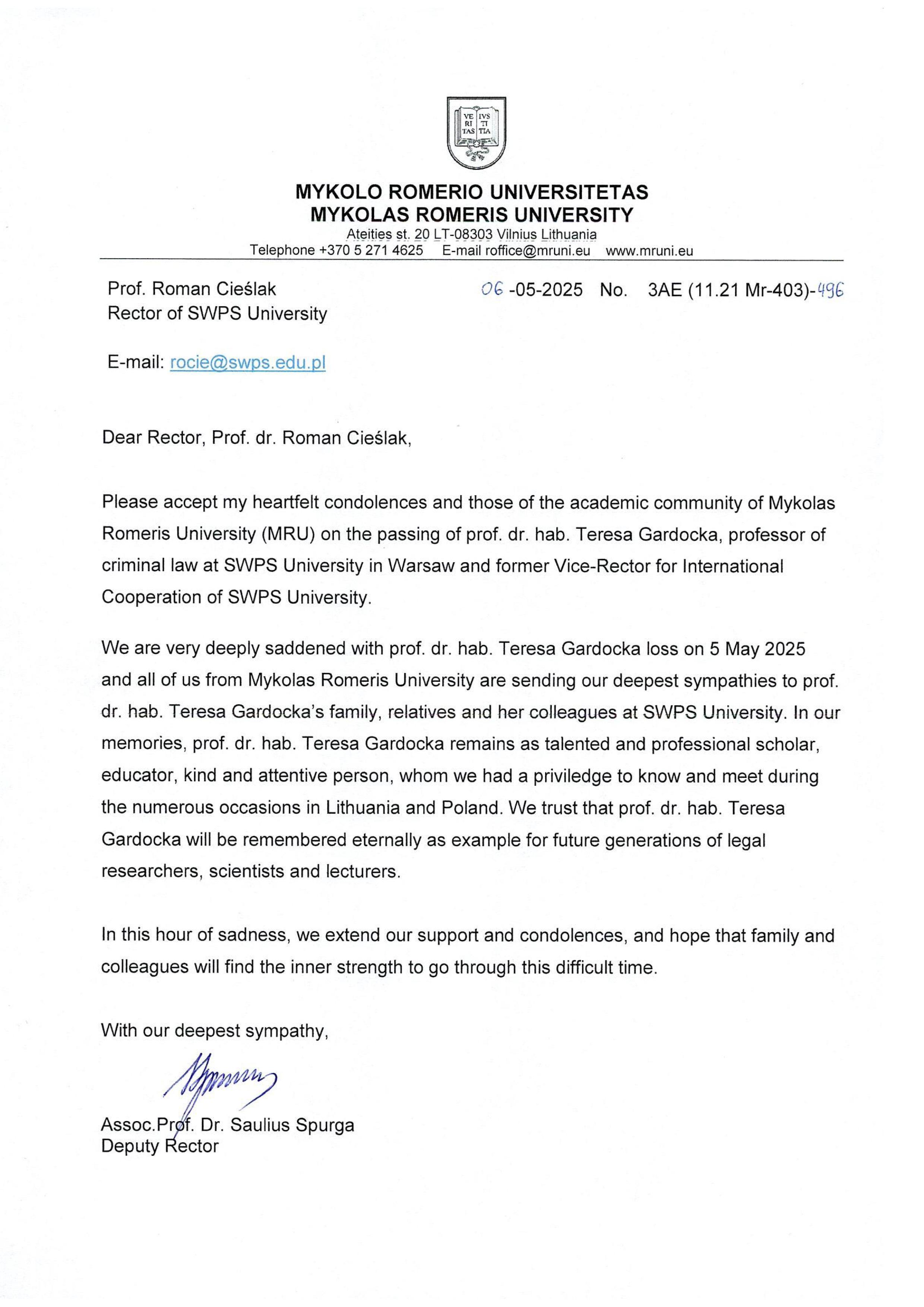 List Prorektora Mykolas Romeris University Doc. dr. Sauliusa Spurgi w związku ze śmiercią profesor Teresy Gardockiej