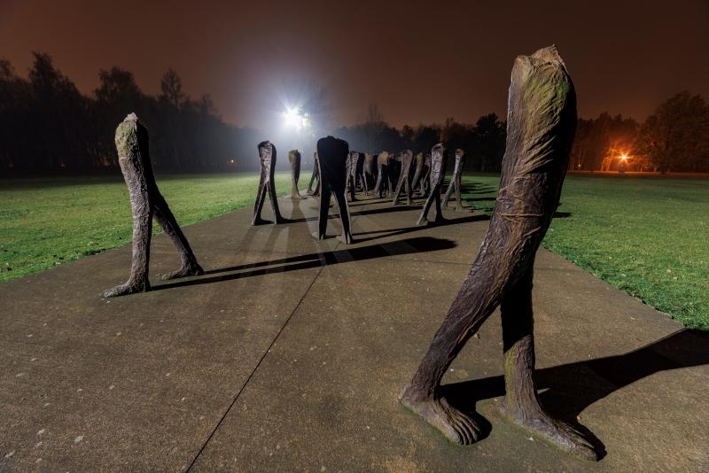 Grupa rzeźb Magdaleny Abakanowicz "Nierozpoznani" w poznańskim parku, zdjęcie nocne