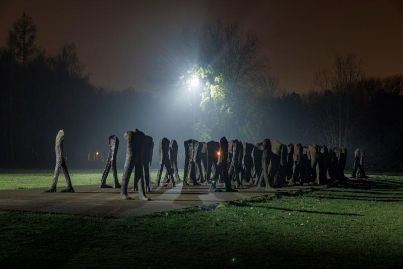 Grupa rzeźb Magdaleny Abakanowicz "Nierozpoznani" w poznańskim parku, zdjęcie nocne