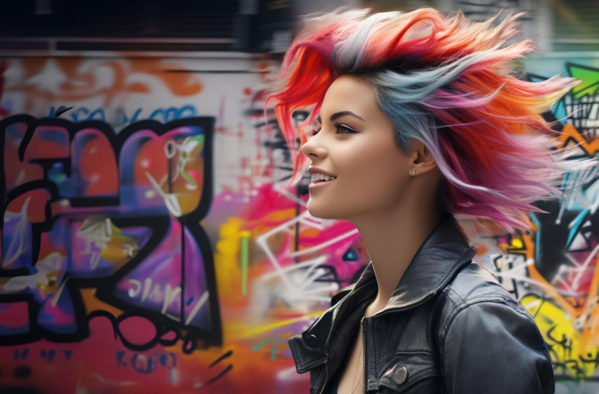 Młoda uśmiechnięta kobieta z kolorowymi włosami na tle graffiti