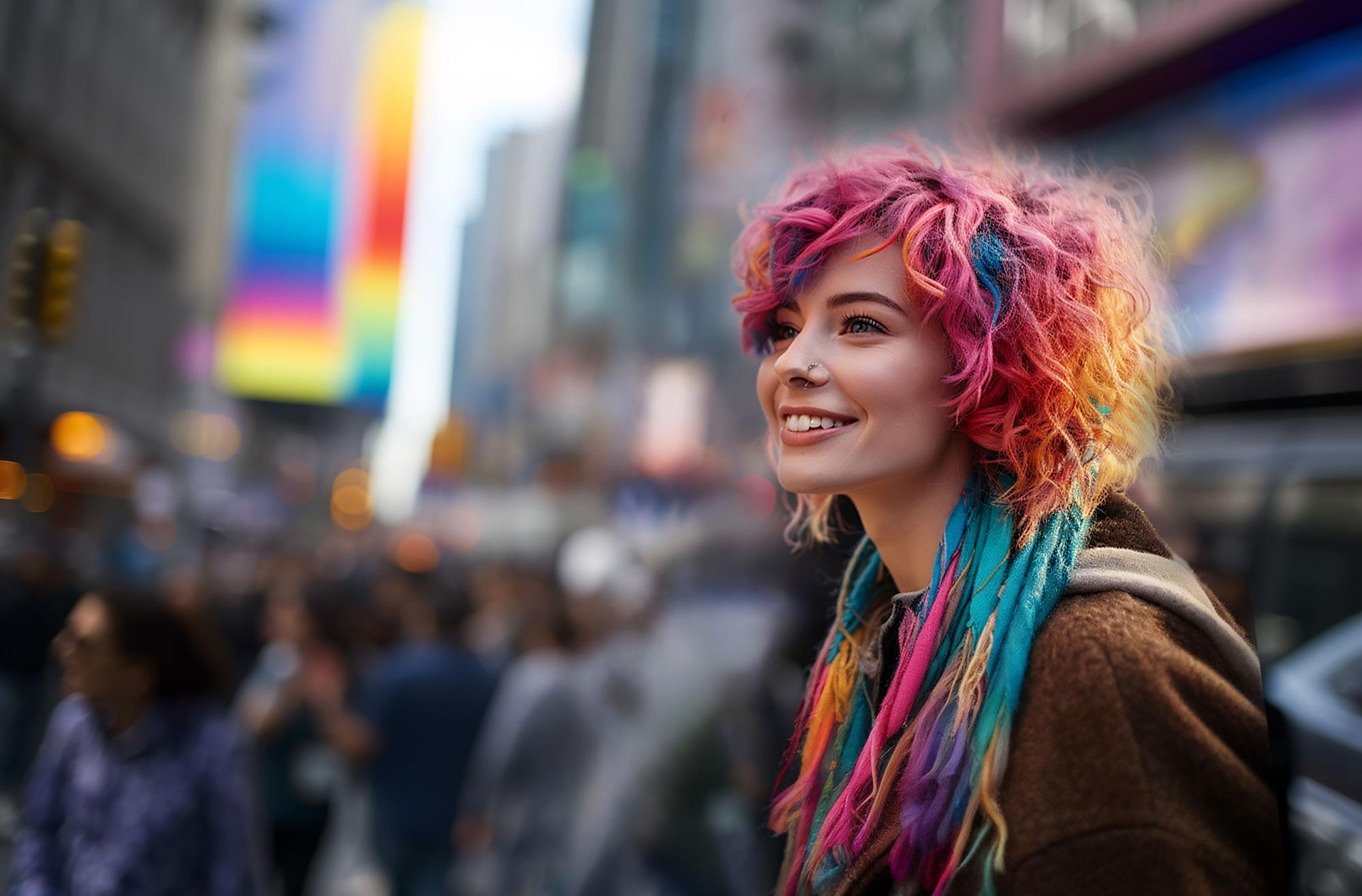 Młoda usmiechnięta kobieta z kolorowymi włosami, w tle tłum ludzi w dużym mieście
