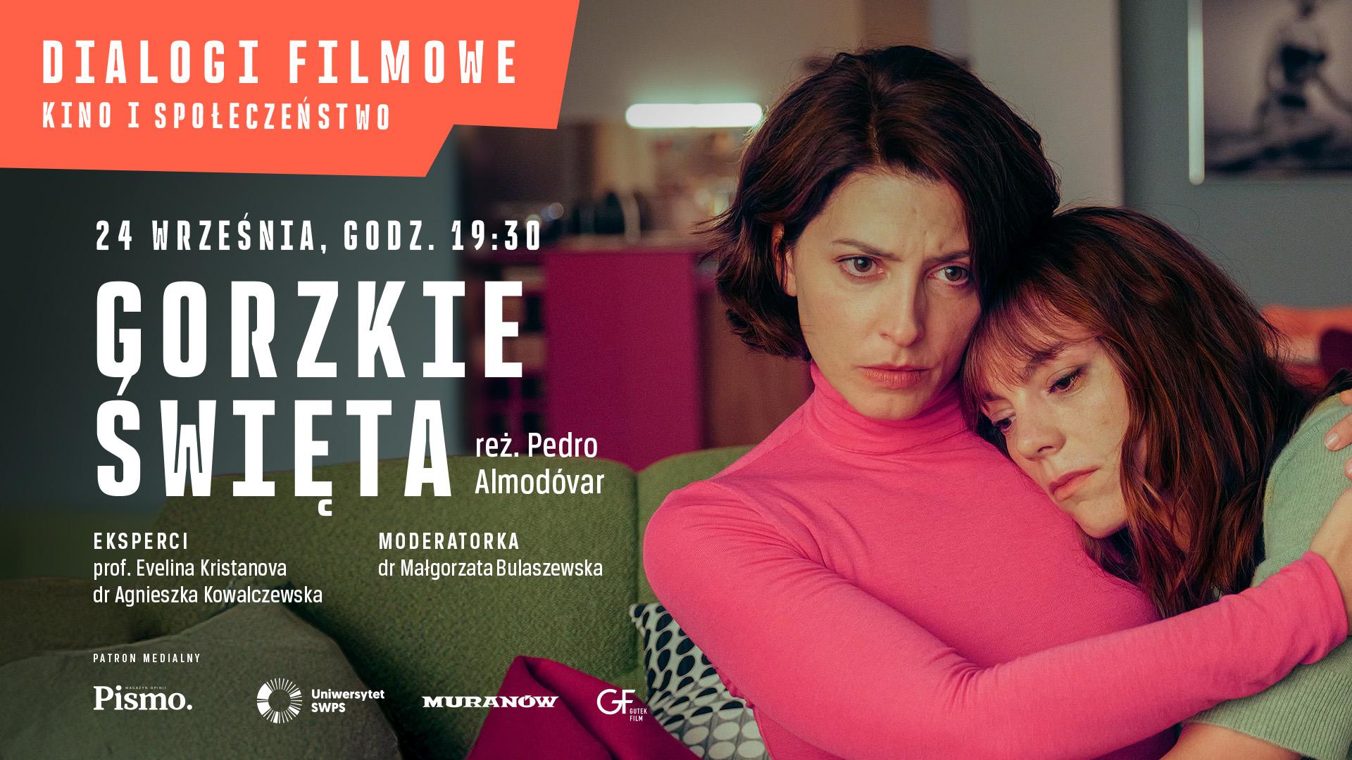 Plakat promujący spotkanie z filmem „Gorzkie święta”. Zawiera informacje o tytule filmu, dacie, godzinie, ekspertkach i moderatorce oraz cztery logo: magazynu „Pismo”, Uniwersytetu SWPS, Kina Muranów i Gutek Film