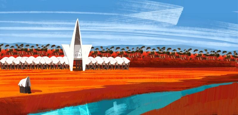 Cyfrowa ilustracja koncepcyjna przedstawiająca fikcyjny pejzaż. W centrum znajduje się strzelista, nowoczesna konstrukcja architektoniczna otoczona długim rzędem powtarzalnych, mniejszych modułów na palach. W tle widoczny jest las, a na pierwszym planie zakole rzeki.