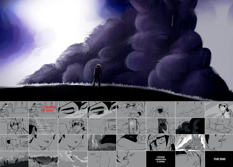 Zestawienie głównej ilustracji koncepcyjnej oraz storyboardu. W górnej części widnieje duża, nastrojowa ilustracja przedstawiająca drobną sylwetkę człowieka stojącą naprzeciwko gigantycznej chmury. Dolną część zajmuje siatka naszkicowanych kadrów. Ukazują one chronologicznie historię bohatera w czapce: przeglądanie telefonu, podróż, wędrówkę górskim szlakiem.