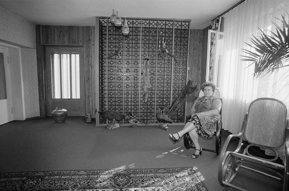 Autoportret przedstawiający autorkę siedzącą na bujanym fotelu, w pustym pokoju urządzonym w stylu lat osiemdziesiątych, z tapetą we wzory na ścianach i dekoracjami z wypchanych zwięrząt. 