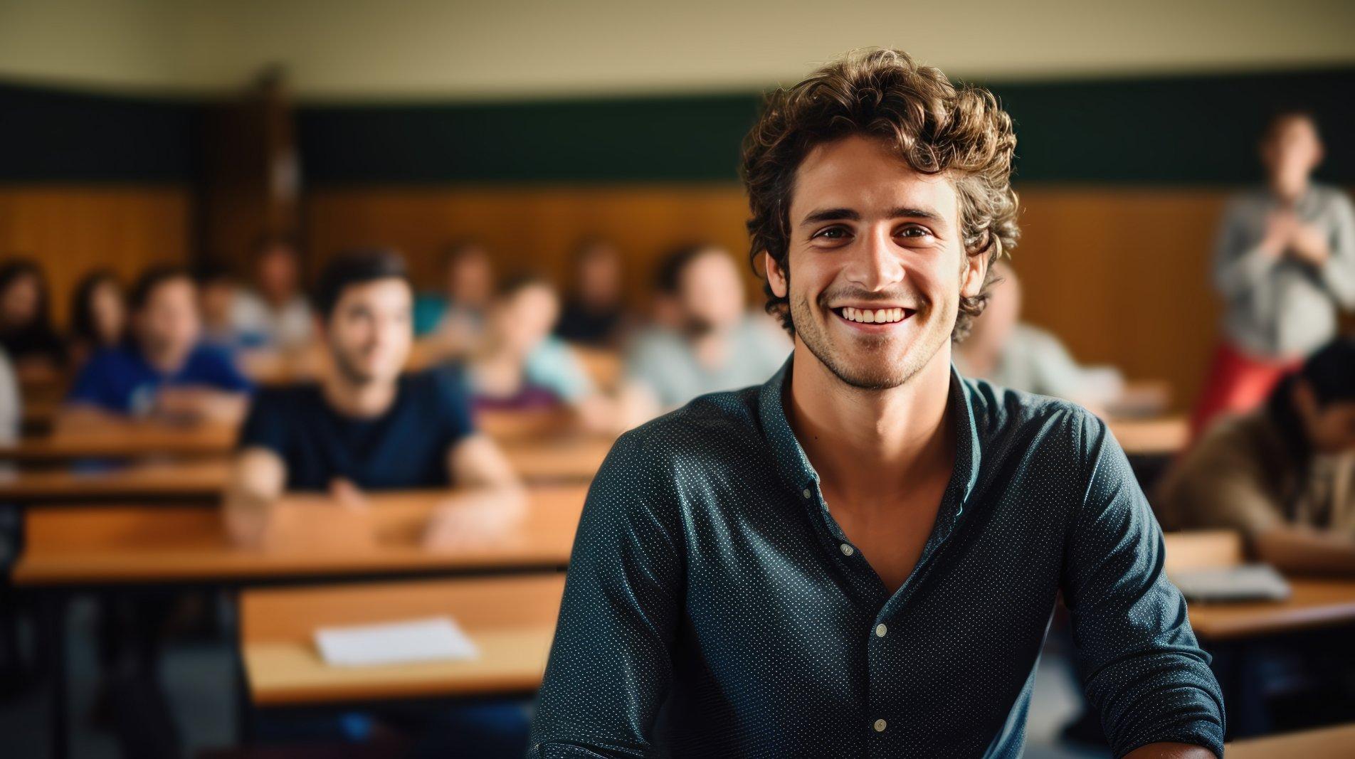 Młoda uśmiechnięty mężczyzna na tle klasy