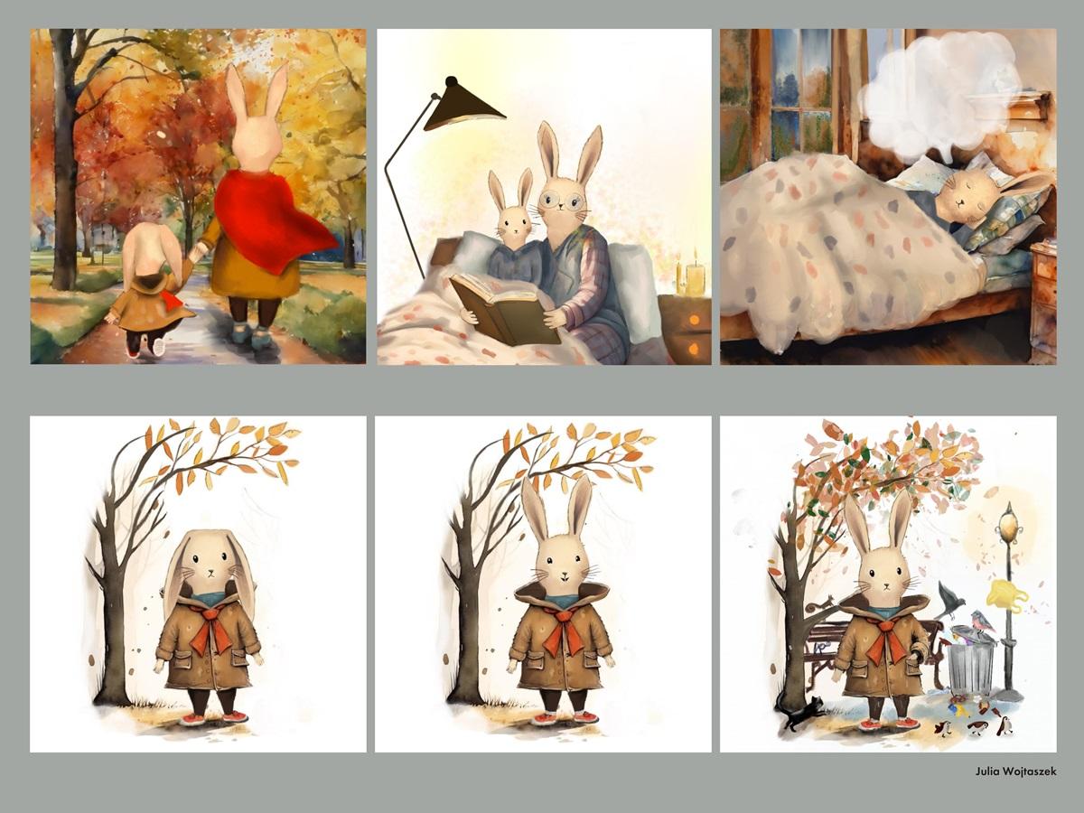 Krótki komiks dla dzieci, przedstawiająca przygody królika w jesiennej scenerii
