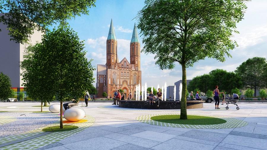 Wizualizacja projektu parku z widokiem na katedrę św. Floriana i św. Michała Archanioła
