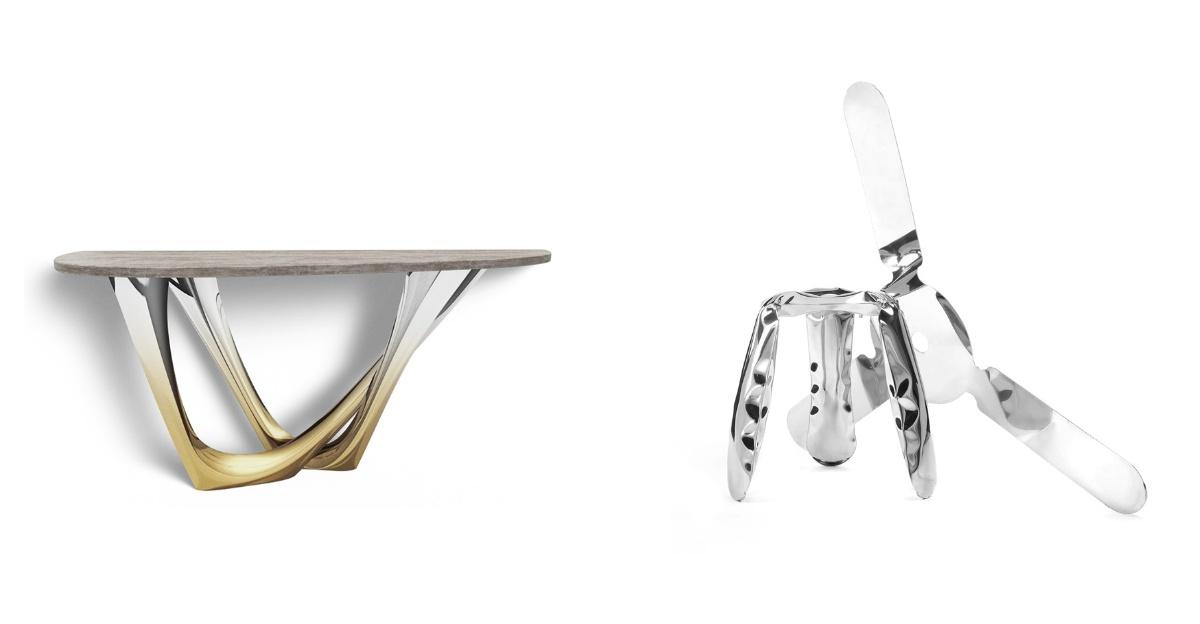 Kolaż zdjęć. Po lewej znajduje się stolik z bionicznymi, metalowymi nogami przypominającymi korzenie, po prawej stronie znajduje się metalowy taboret plopp w wersji 3D i 2D.
